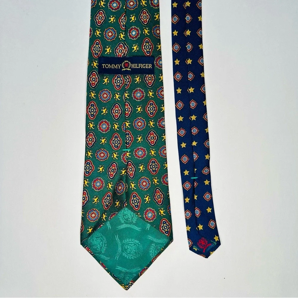 Tommy Hilfiger Two-Tone Geometric Patterned Classic Silk Tie, 4” Green & Blue